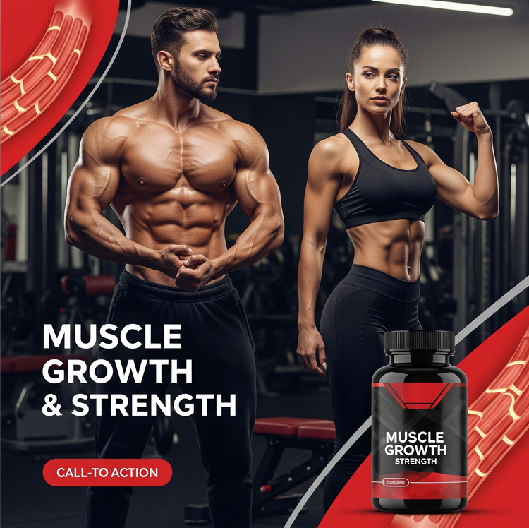 Muscular man and woman in gym promoting natural muscle growth supplements for strength and endurance