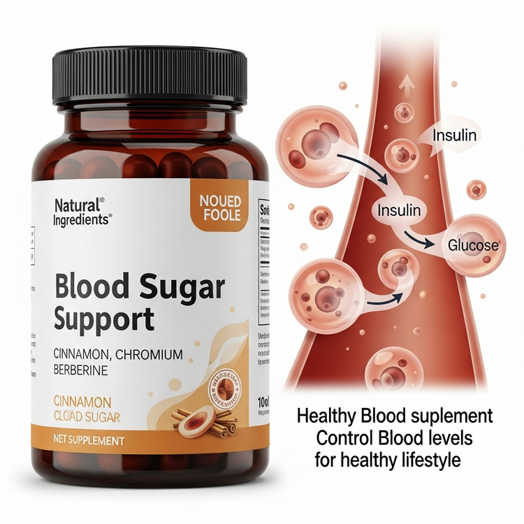 Bottle of blood sugar support supplements with cinnamon chromium and berberine beside graphic showing insulin and glucose in blood flow