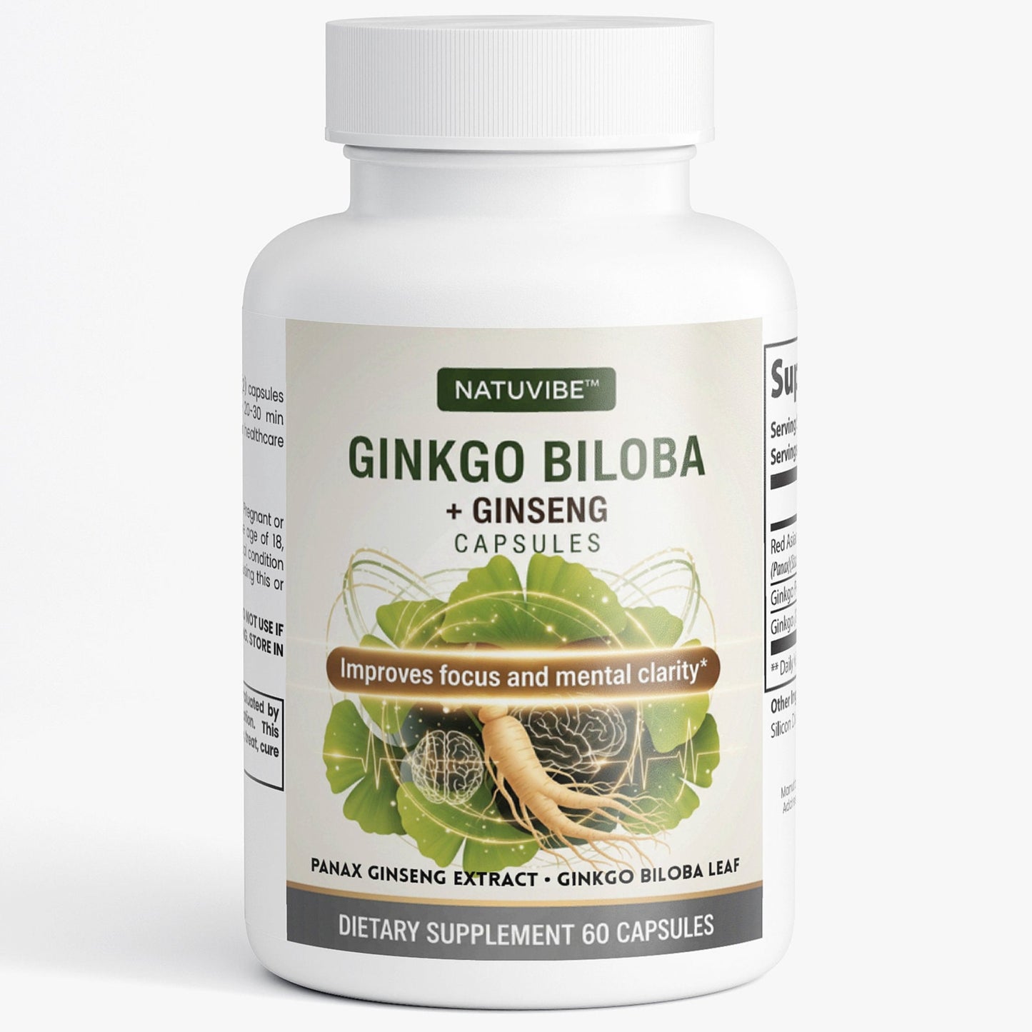 Natuvibe Ginkgo Biloba + Ginseng dietary supplement bottle on a white background