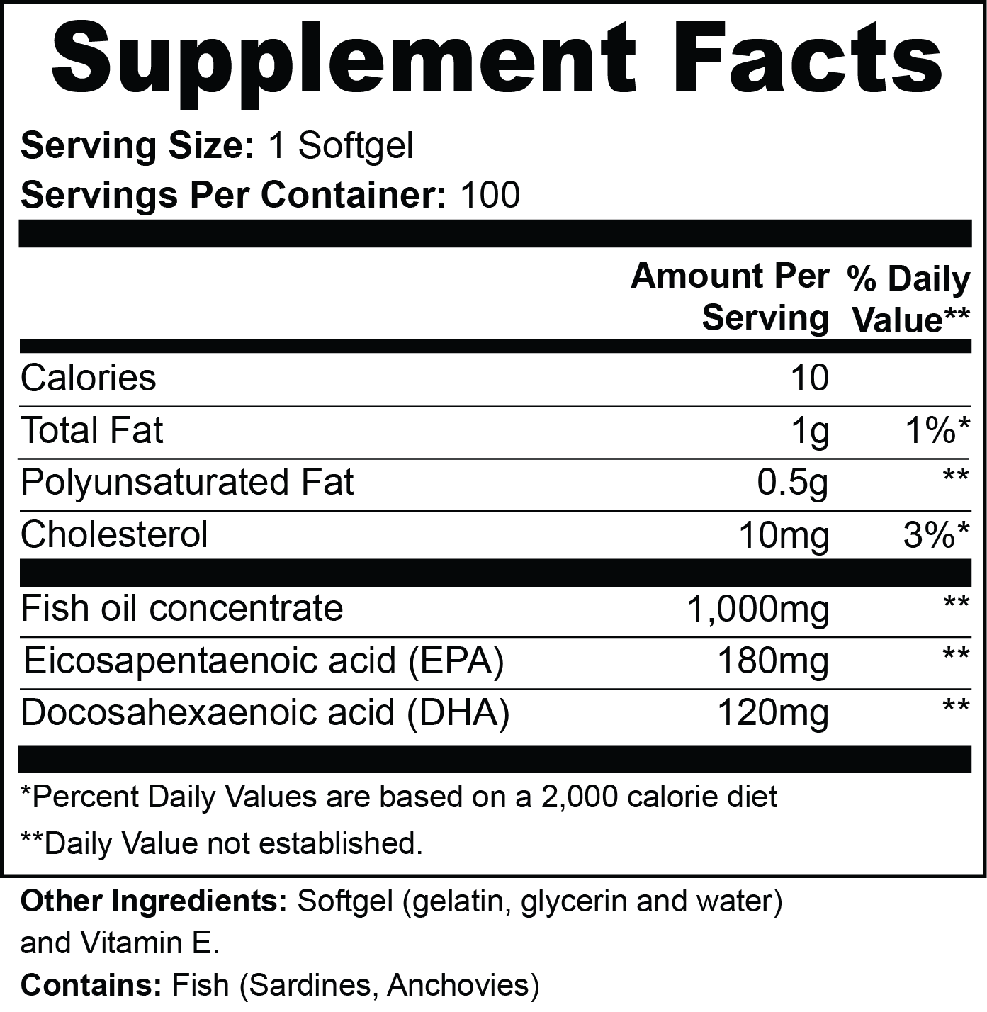 Omega-3 Fish Oil 1000mg – EPA 180mg + DHA 120mg | Immune, Heart & Brain Support | Gluten Free | 100 Softgels