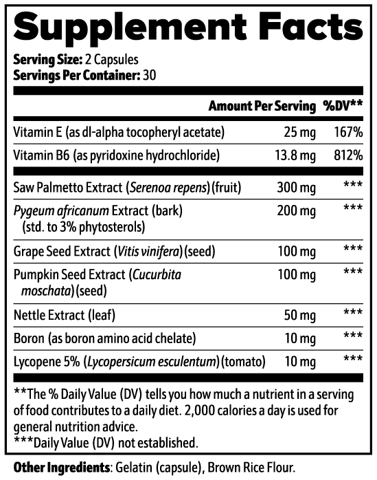 Supplement facts label showing saw palmetto extract 300 mg and other nutrients in NATUVIBE LLC sexual and reproductive wellness capsules