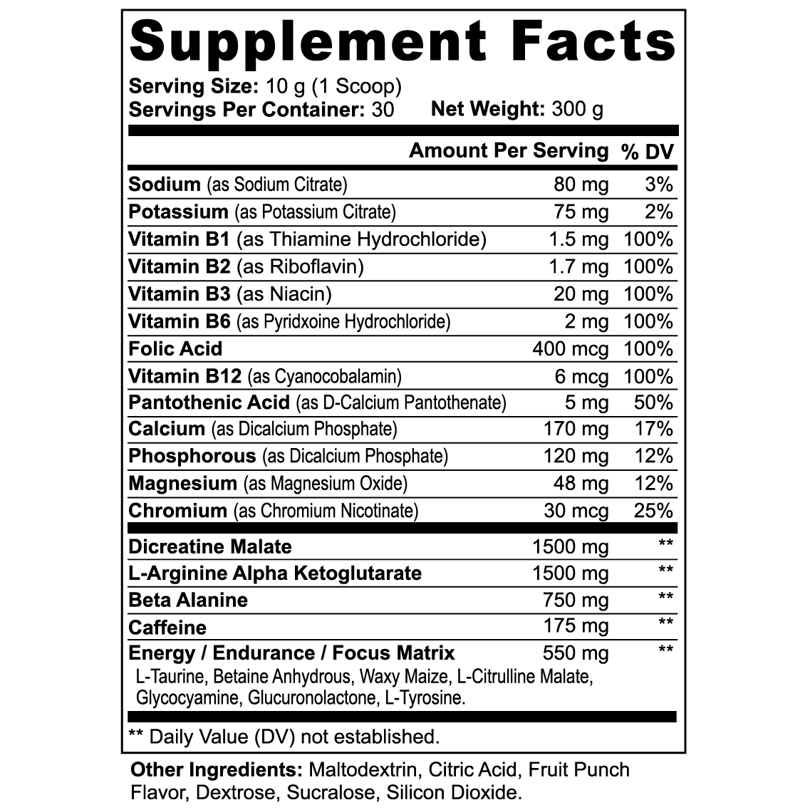Nutritional supplement facts label with various vitamins and minerals listed.