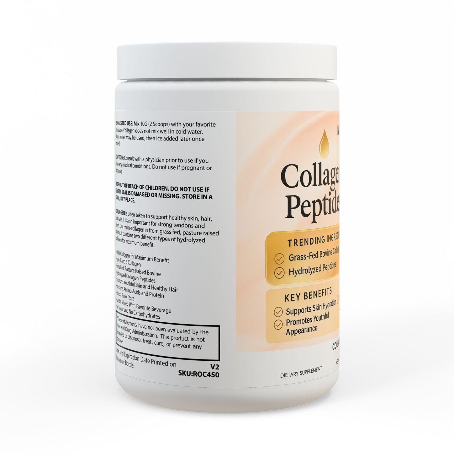 Collagen Peptide supplement container with label on a white background
