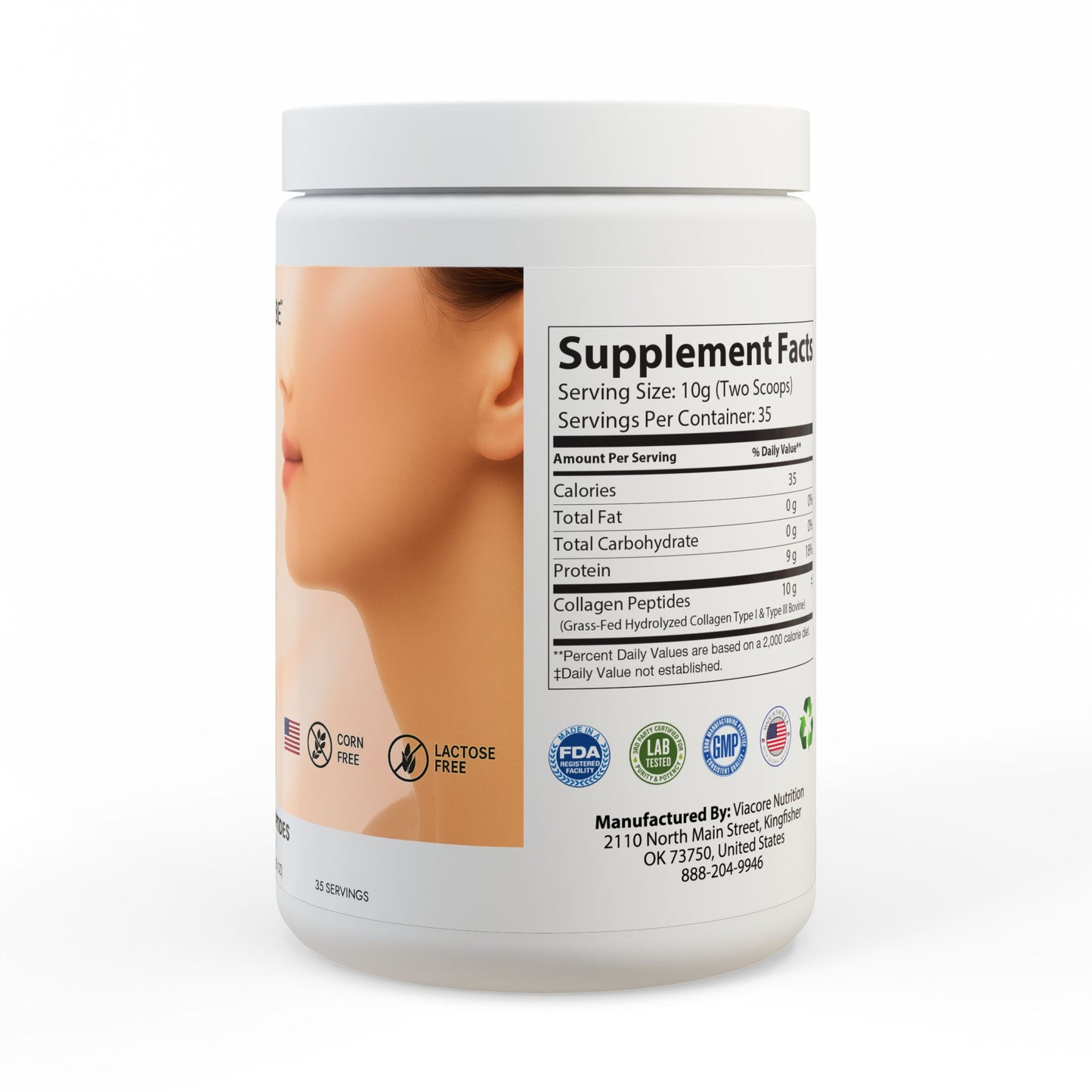 Supplement container with label showing 'Supplement Facts' and branding logos on a white background