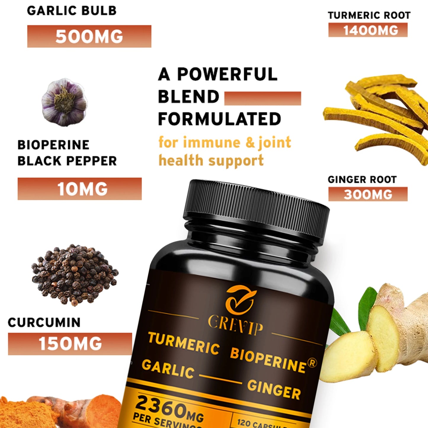 4-in-1 Turmeric Ginger Supplement - with Garlic Curcumin Black Pepper - Joints,Immune Support,Improves Digestion - 120 Capsules