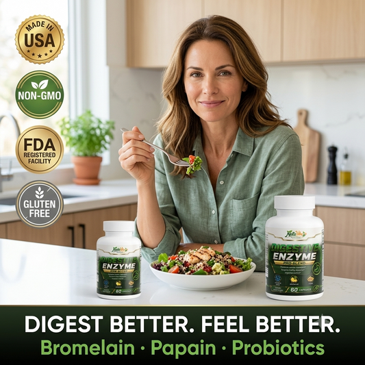 Woman eating salad with Enzyme supplement bottles on a kitchen counter, featuring certification logos and promotional text.