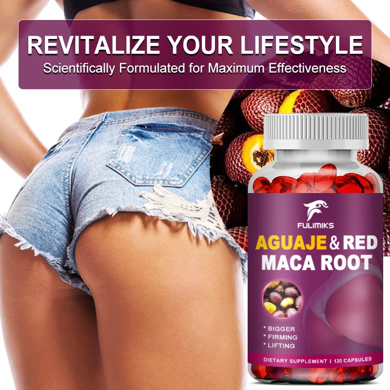 Aguaje Supplement Red Maca Root Extract Capsules Enhances Curves, Firms, Sculpting, Supports Buttocks and Immune Health