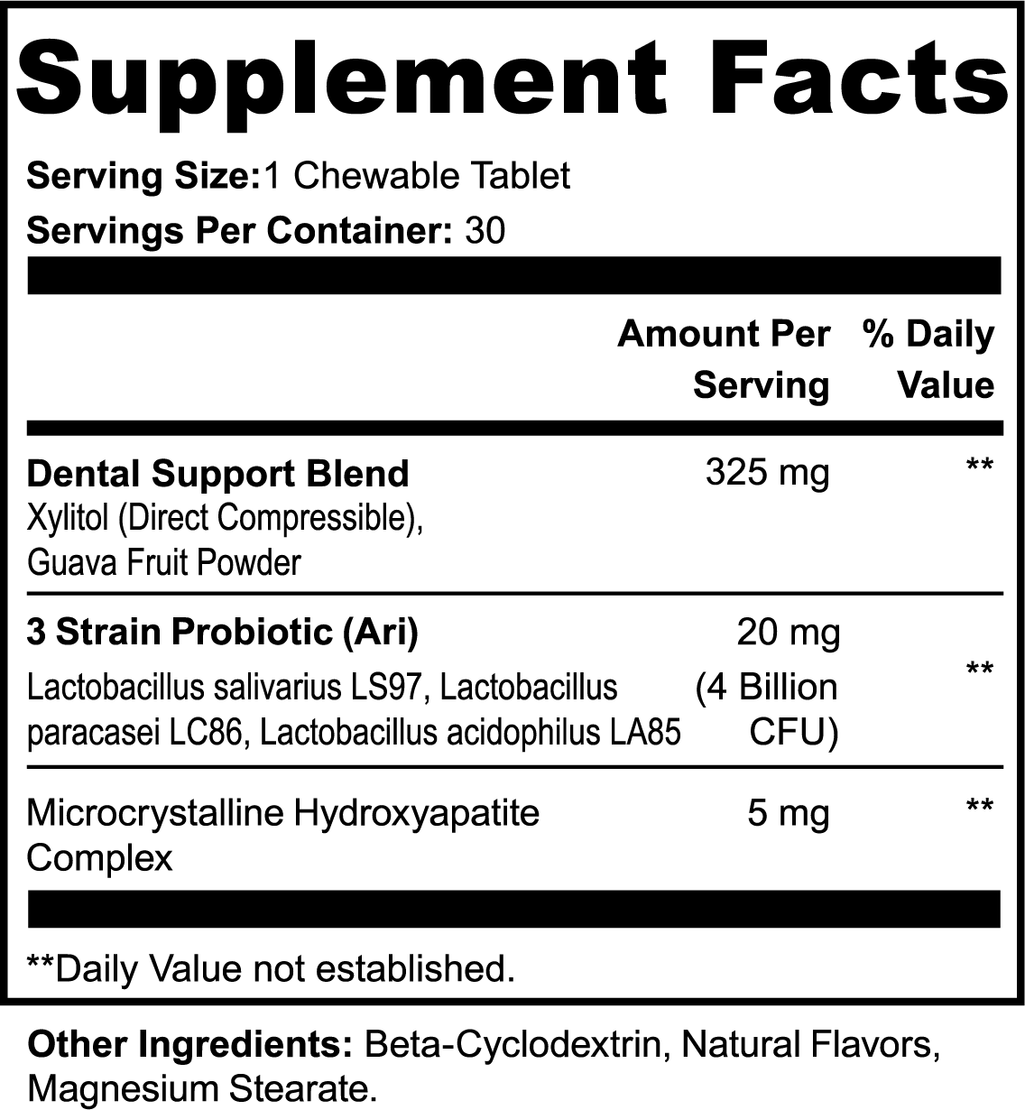 Supplement facts label for a dental support blend with probiotics on a white background