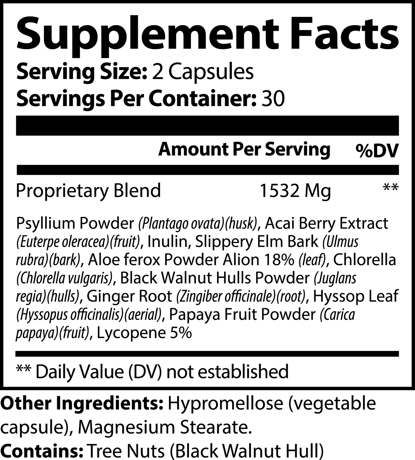 NATUVIBE LLC detox colon cleanse supplement facts label showing ingredients and serving size for digestive support