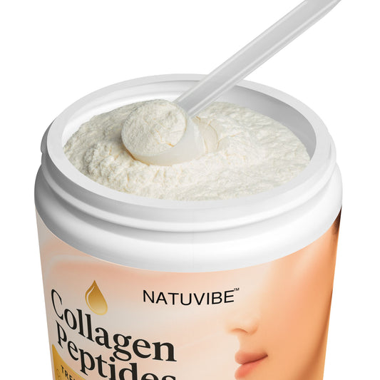 Natuvibe Collagen Peptides container with a scoop of powder inside