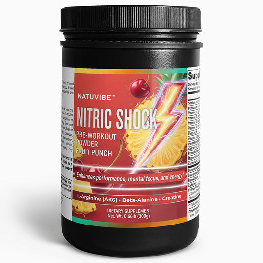 Nativibe Nitric Shock pre-workout powder container with fruit punch flavor on a white background