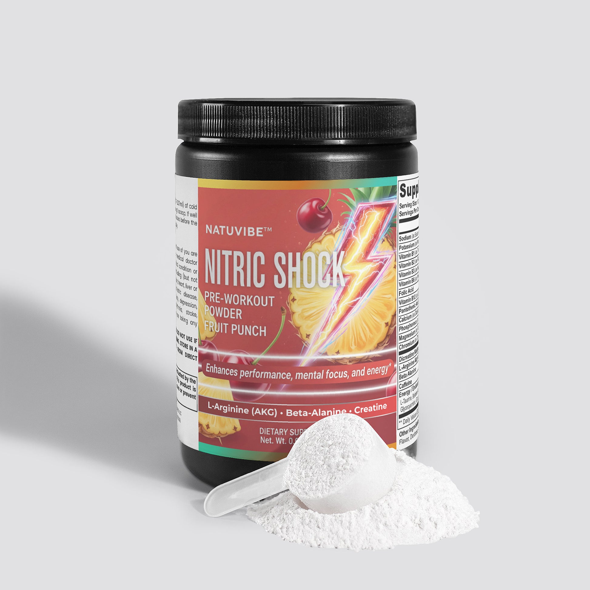 Natuvibe Nitric Shock pre-workout powder with a scoop of powder on a light gray background