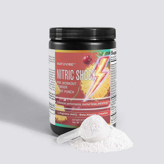 Natuvibe Nitric Shock pre-workout powder with a scoop of powder on a light gray background