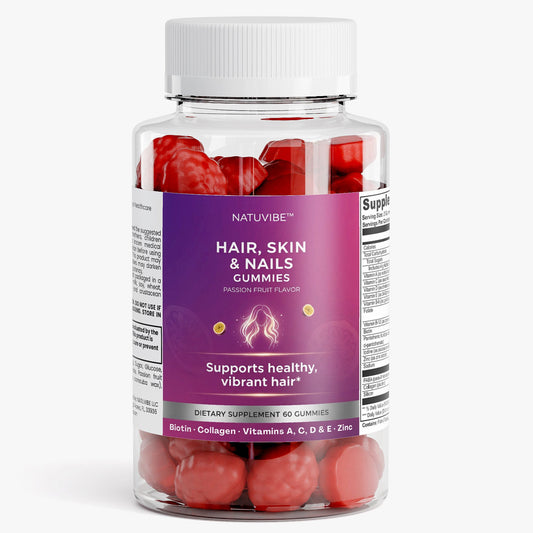 Bottle of Natuvibe Hair, Skin & Nails Gummies on a white background
