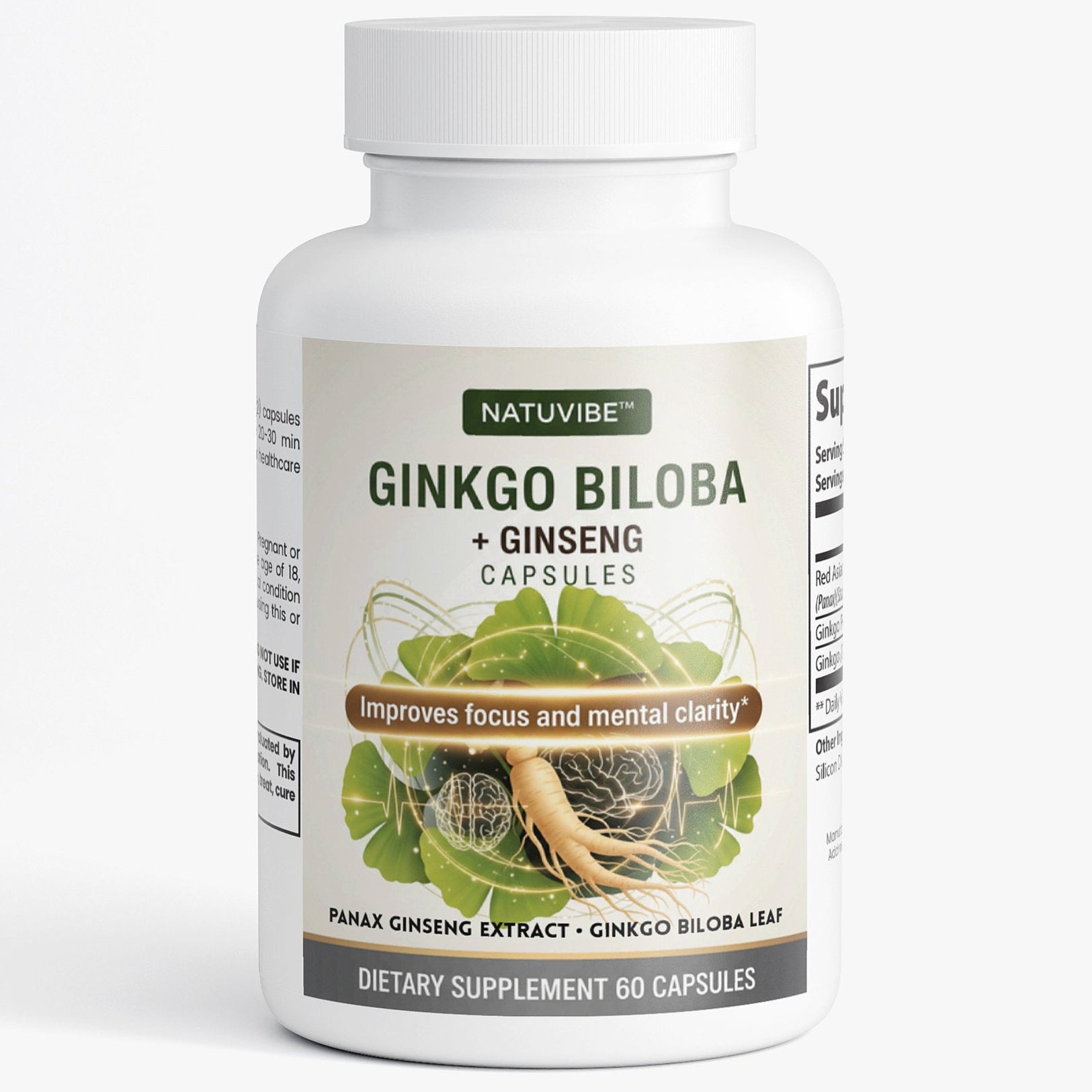 Natuvibe Ginkgo Biloba + Ginseng dietary supplement bottle on a white background
