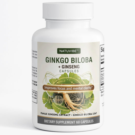 Natuvibe Ginkgo Biloba + Ginseng dietary supplement bottle on a white background