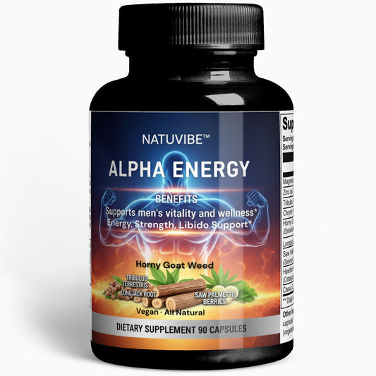 Natuvibe Alpha Energy dietary supplement bottle on a white background