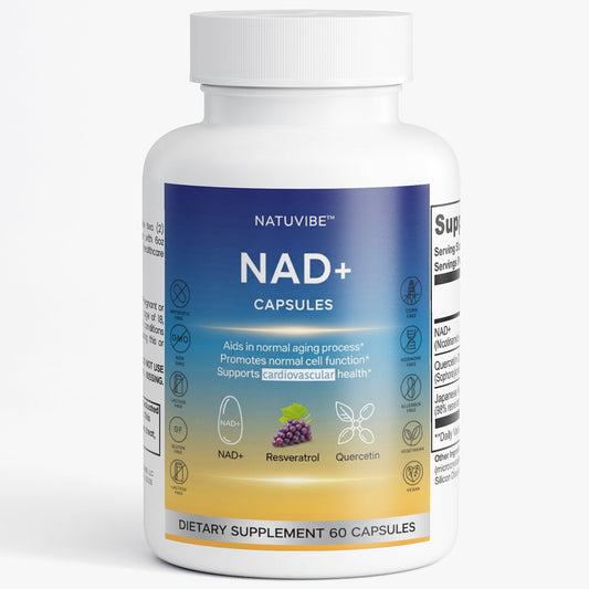 Natuvibe NAD+ capsules bottle on a white background