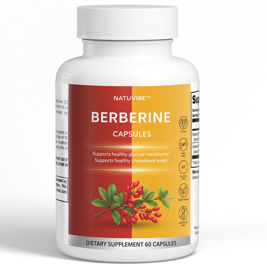 Supplement bottle labeled 'Berberine Capsules' by NatuVibe on a white background