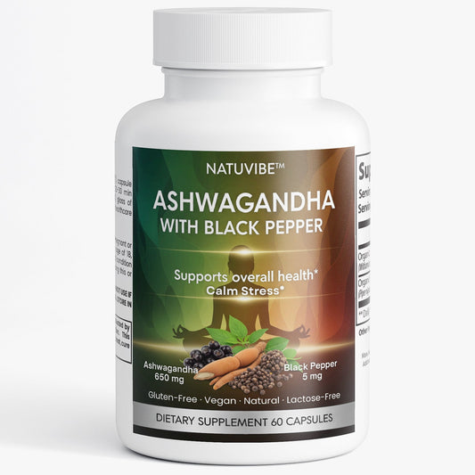 Natuvibe Ashwagandha with Black Pepper supplement bottle on a white background