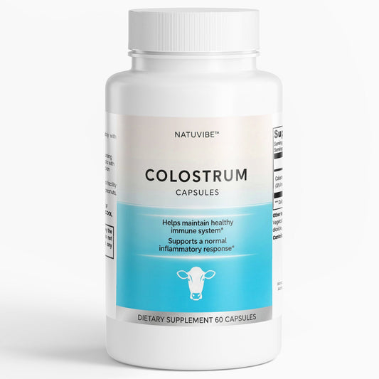 Natuvibe Colostrum capsules bottle on a white background