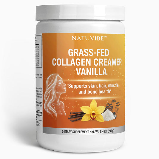Natuvibe Grass-Fed Collagen Creamer Vanilla supplement container on a white background
