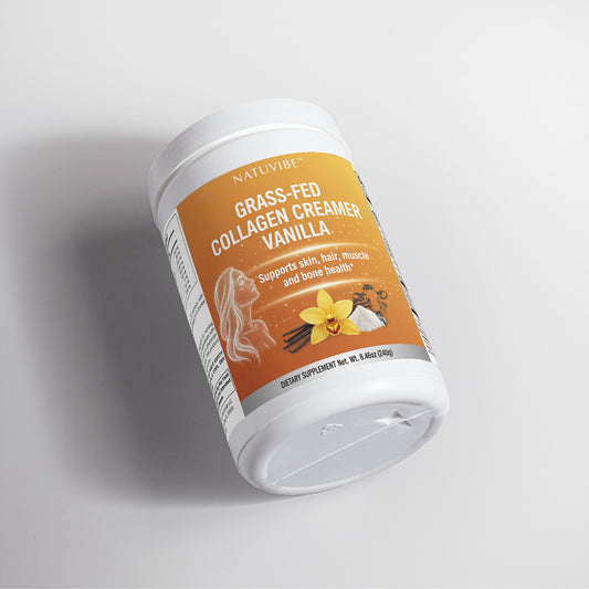 Container of Natuvibe Grass-Fed Collagen Creamer Vanilla on a light gray background