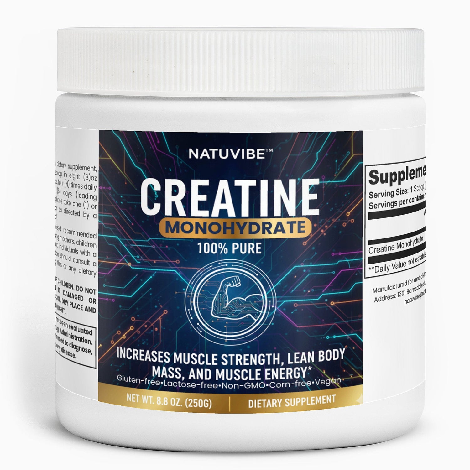 Natuvibe Creatine Monohydrate supplement container on a white background