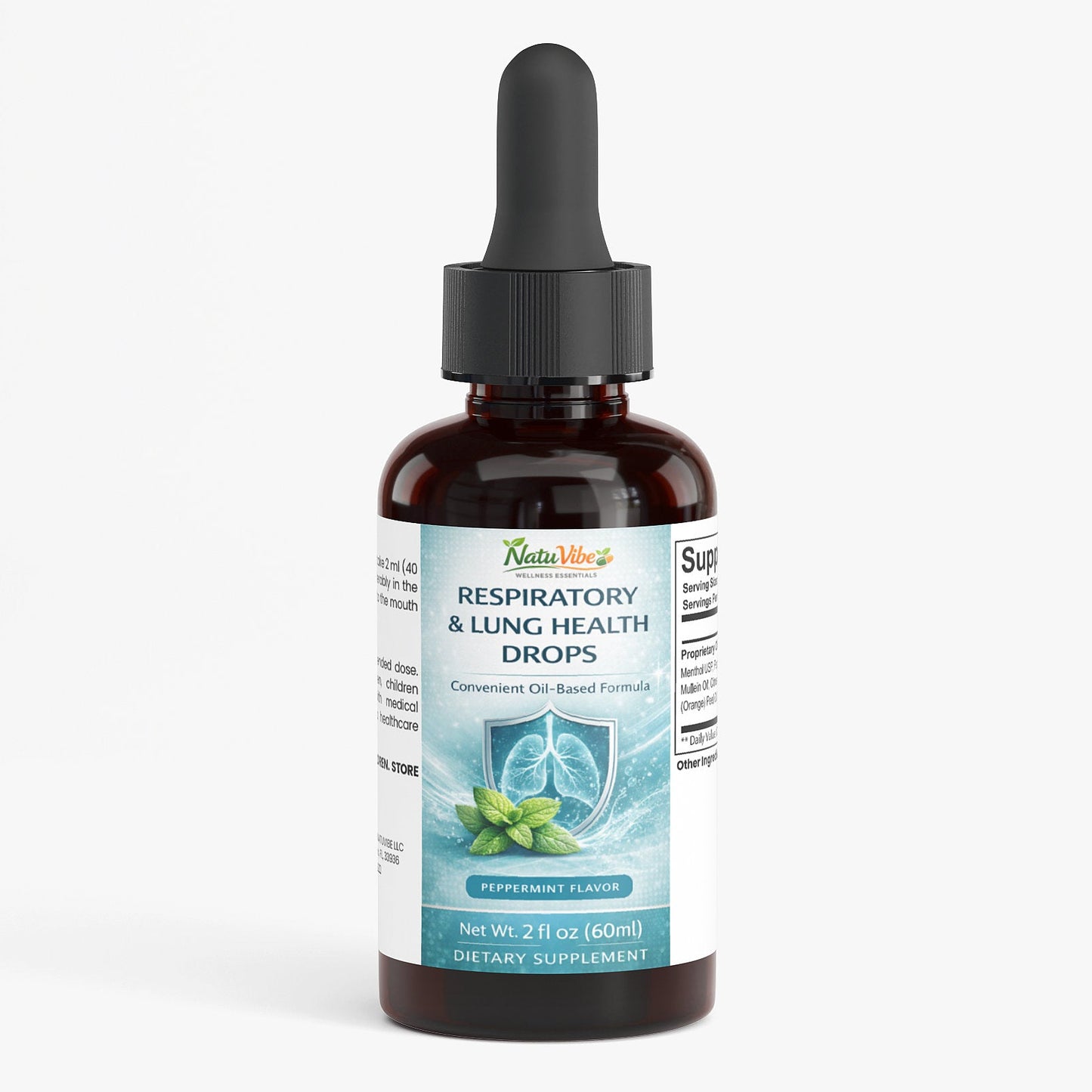 Bottle of respiratory and lung health drops with a dropper on a white background