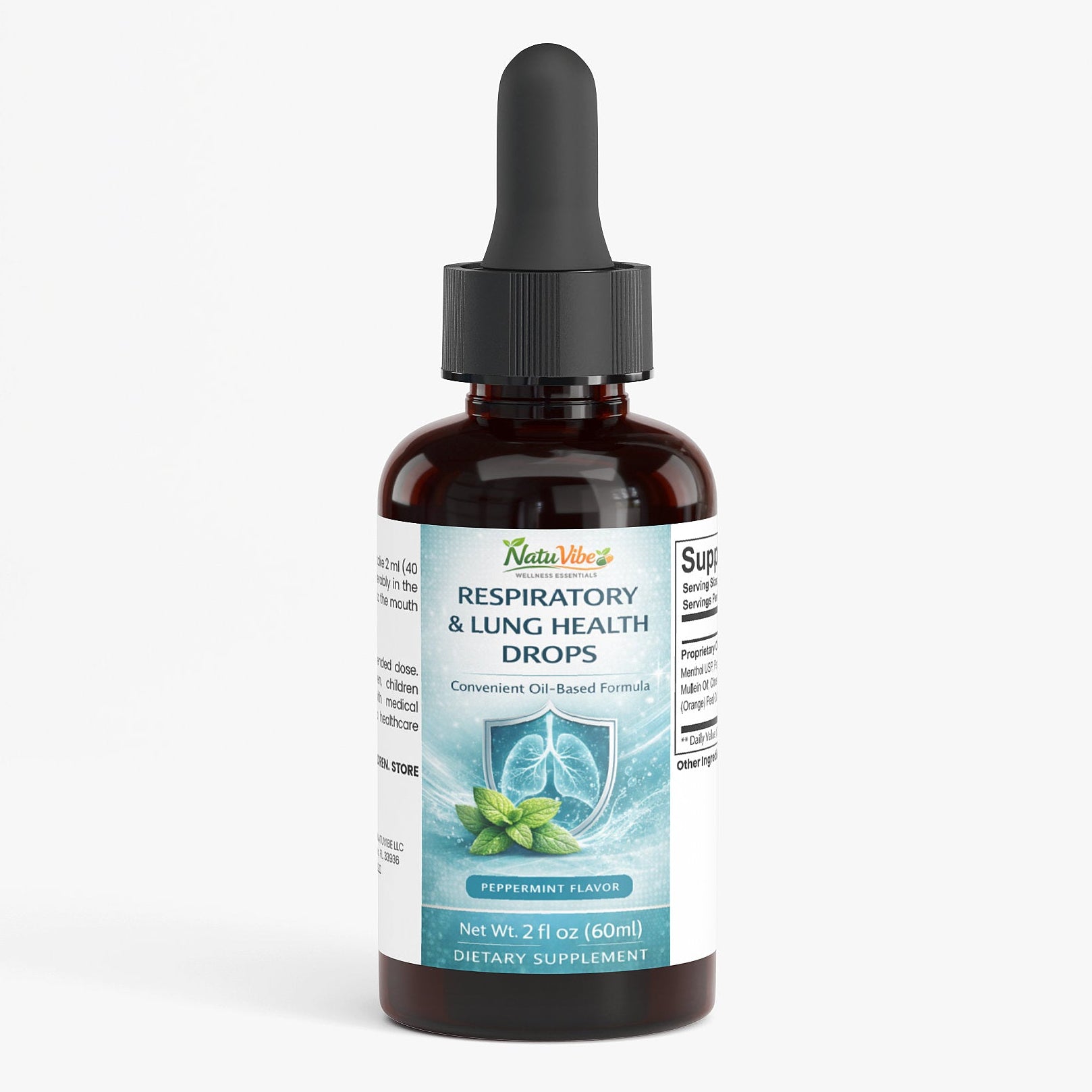 Bottle of respiratory and lung health drops with a dropper on a white background