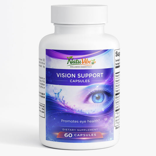Vision support capsules bottle with eye illustration on a white background