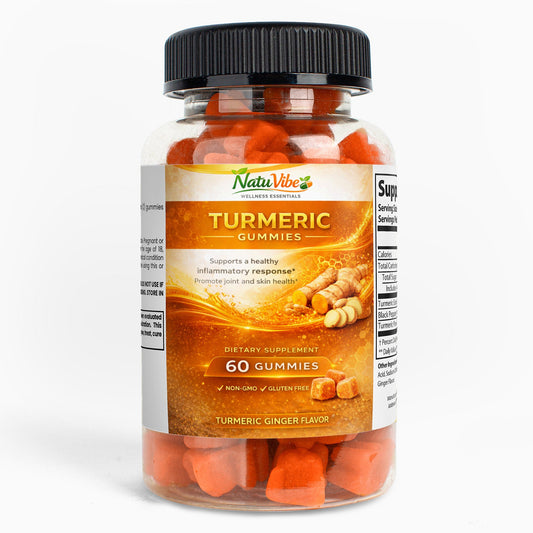 Bottle of NatuVibe Turmeric Gummies on a white background