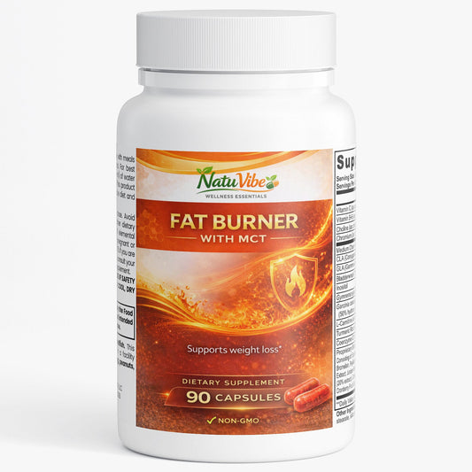 NatuVibe Fat Burner with MCT supplement bottle on a white background
