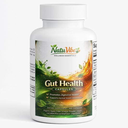 NatuVibe Gut Health capsules bottle on a white background