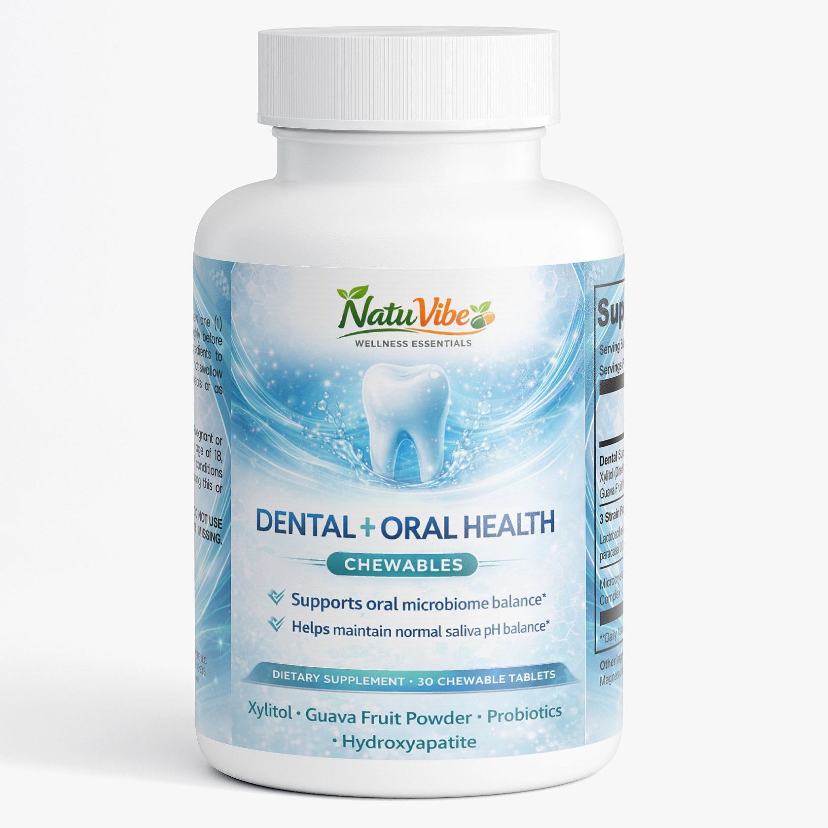 NatuVibe dental and oral health supplement bottle on a white background