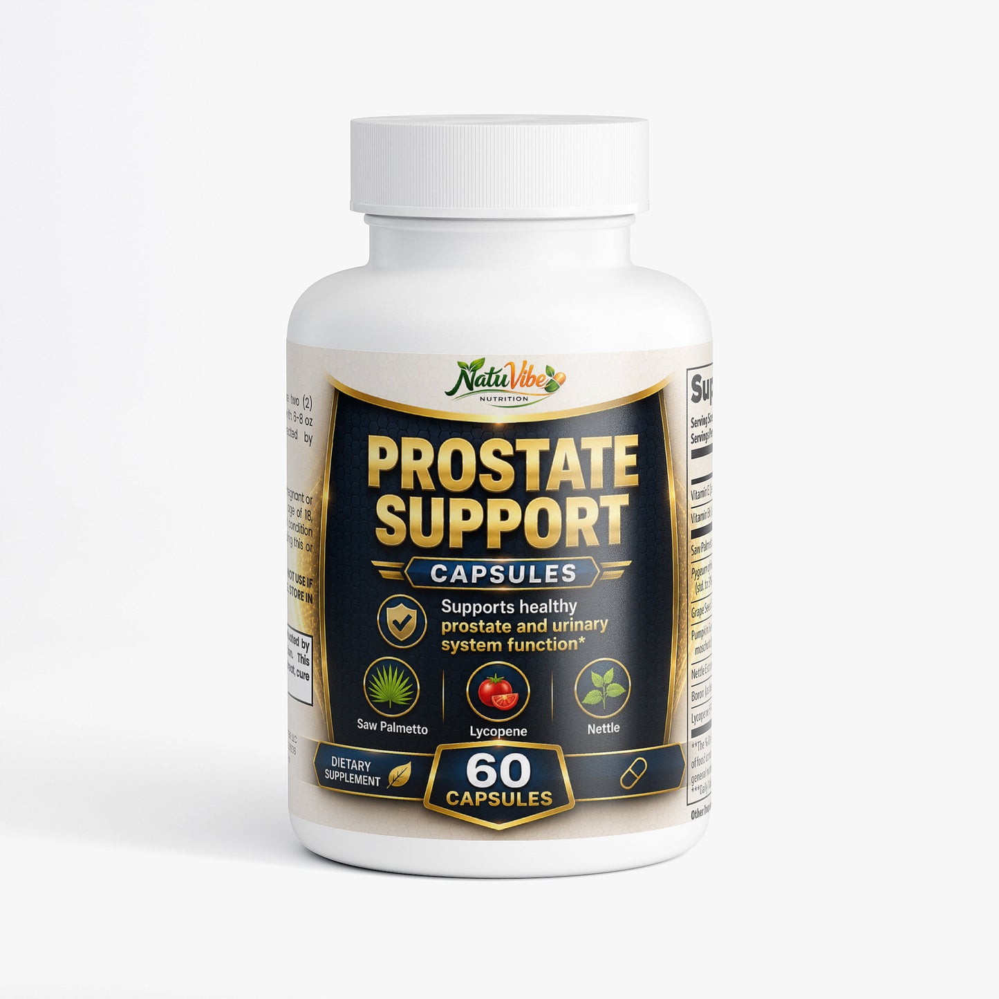 Natuvibe Prostate Support capsules bottle with saw palmetto for healthy prostate and urinary system
