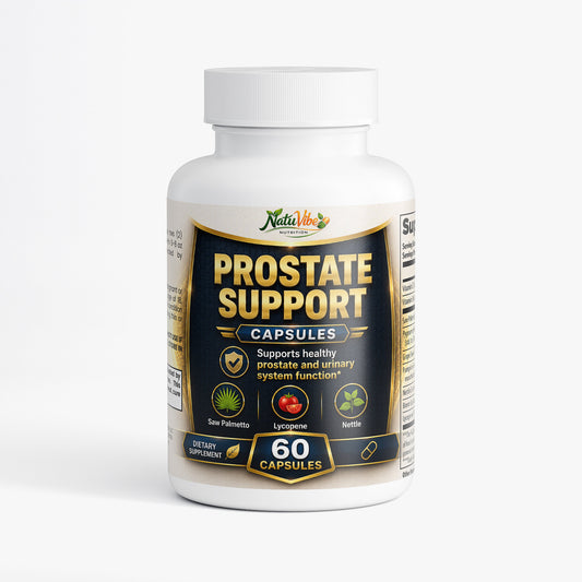 Natuvibe Prostate Support capsules bottle with saw palmetto for healthy prostate and urinary system