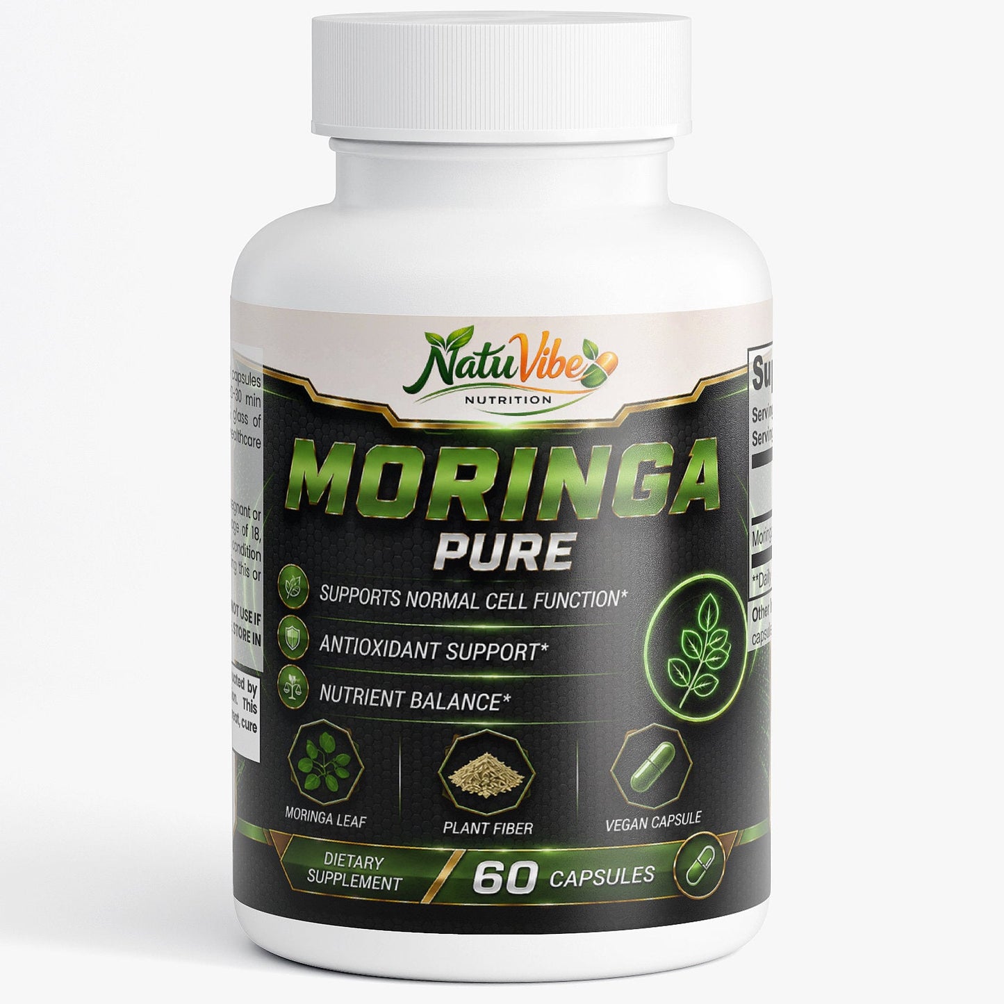 Moringa Pure 60 capsules Moringa Leaf, Plant Fiber, Vegan Capsule