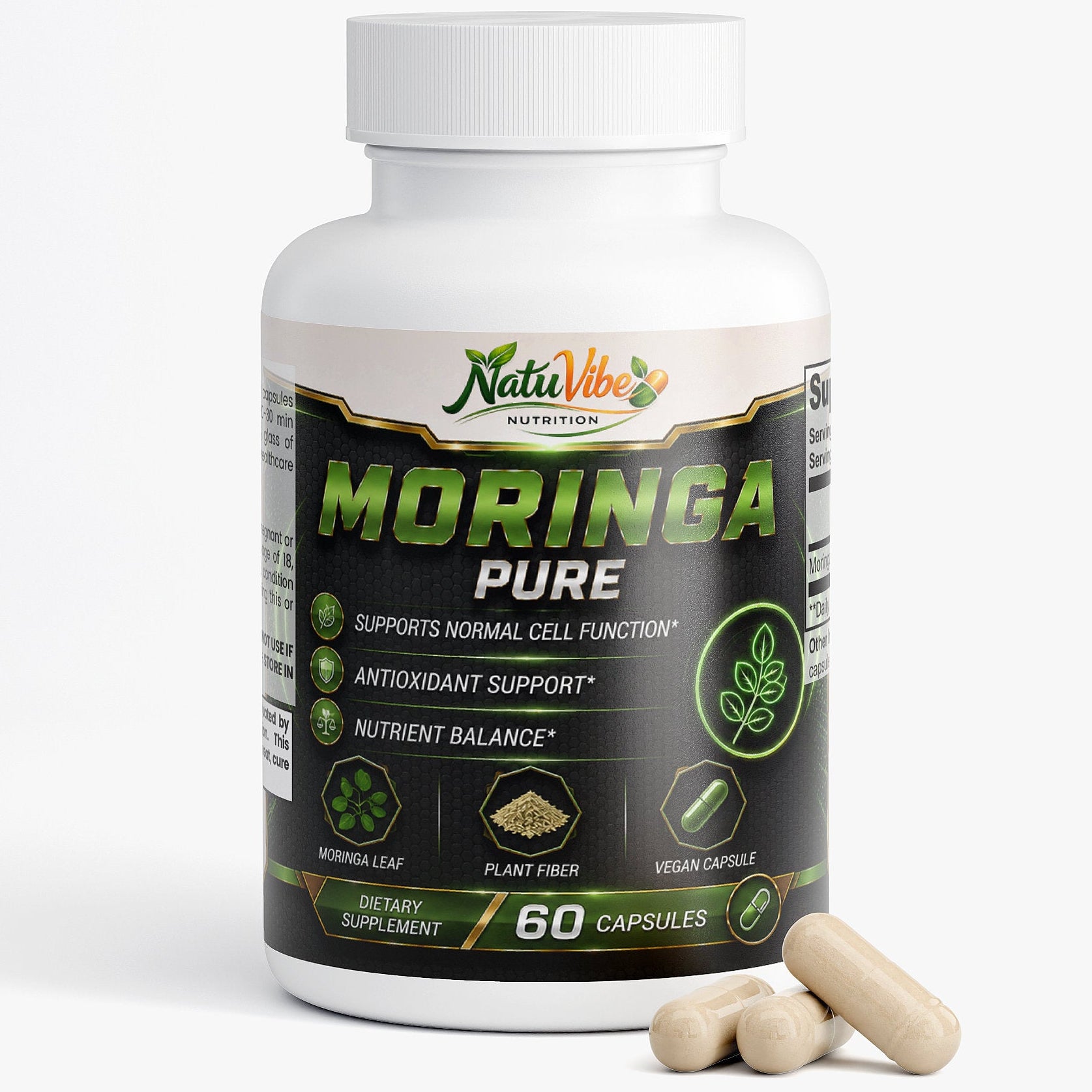 NatiVibe Moringa Pure supplement bottle with capsules on a white background