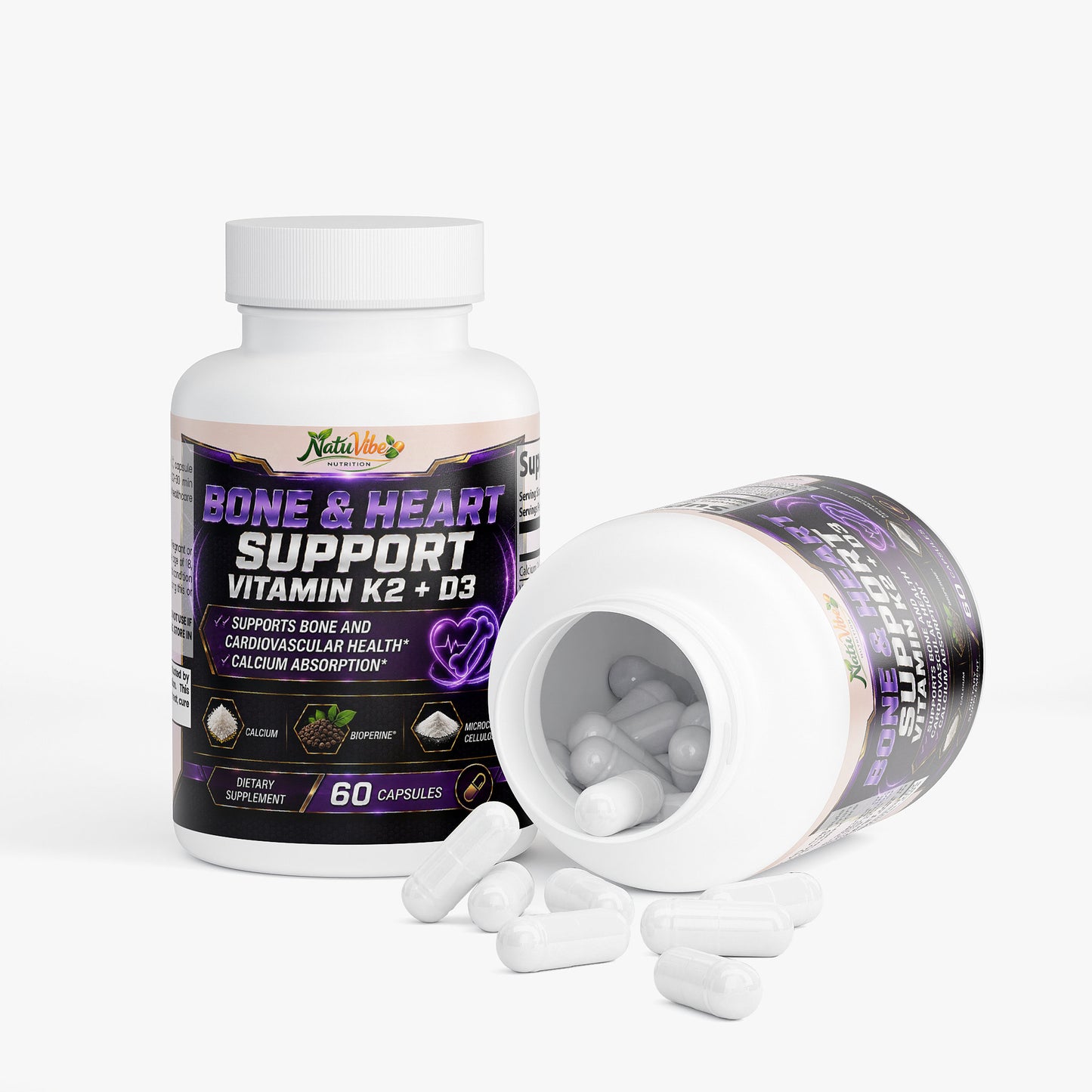Vitamin D3 + K2 MK-7 Capsules with Calcium & BioPerine® – Bone, Heart & Immune Support | 60 Caps