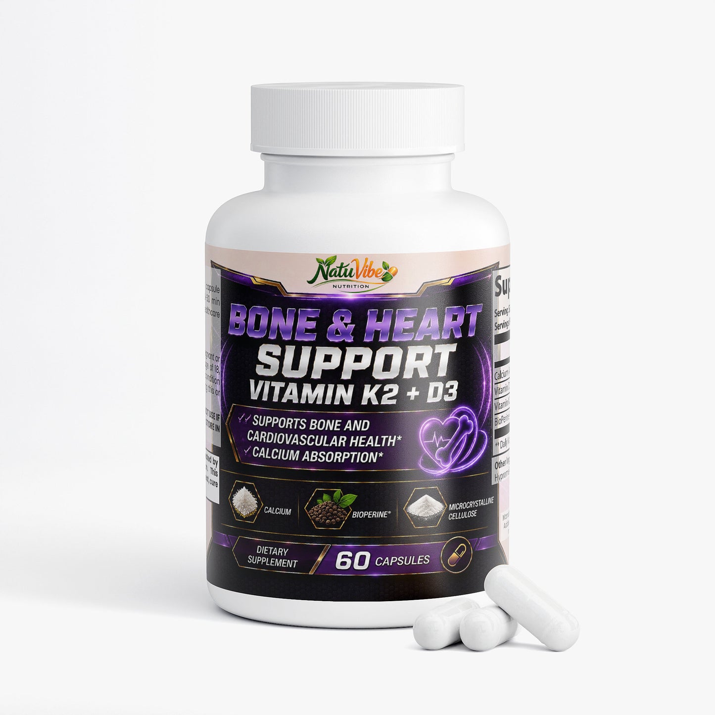 Vitamin D3 + K2 MK-7 Capsules with Calcium & BioPerine® – Bone, Heart & Immune Support | 60 Caps