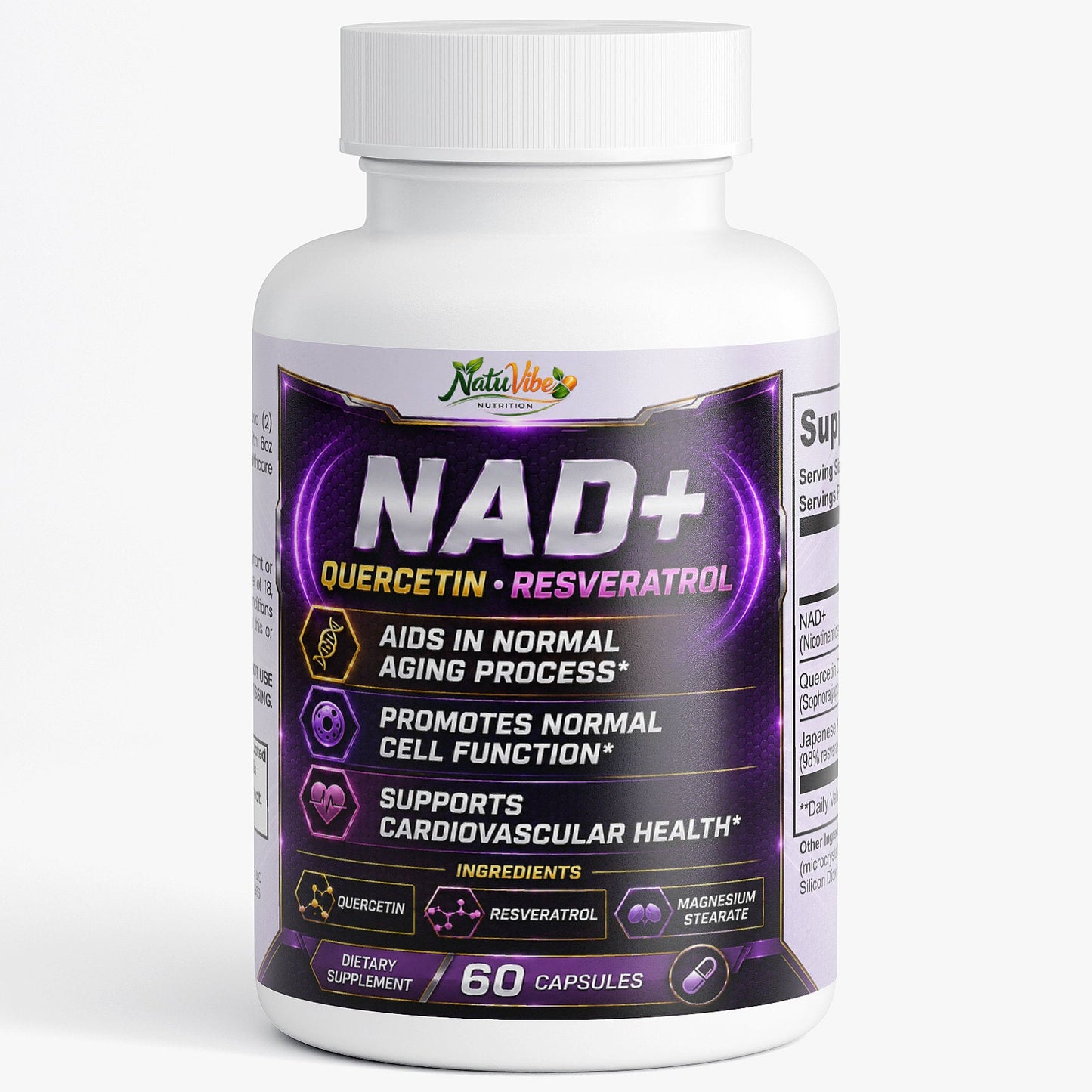 Supplement bottle labeled 'NAD+' with purple and white design on a white background