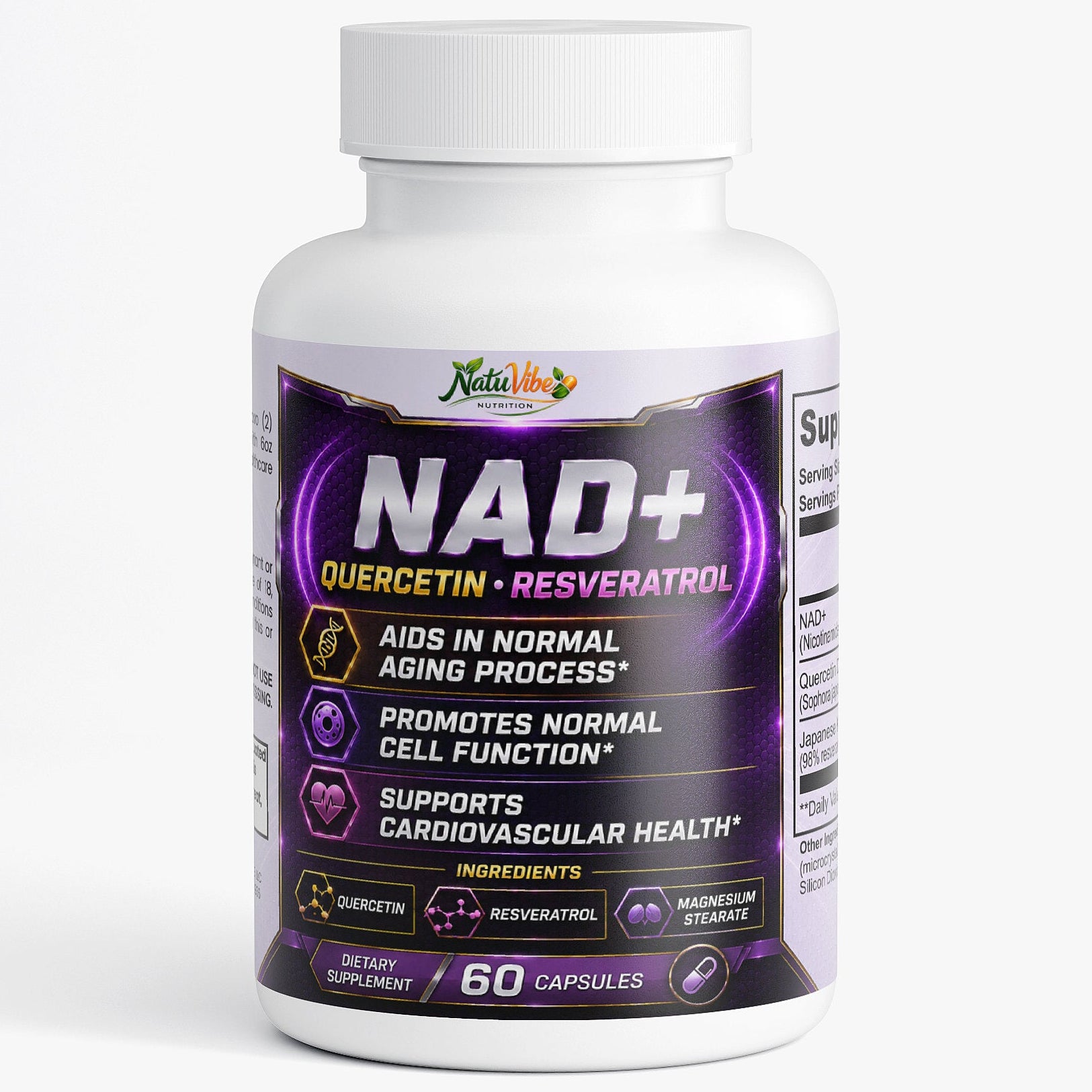 Supplement bottle labeled 'NAD+' with purple and white design on a white background