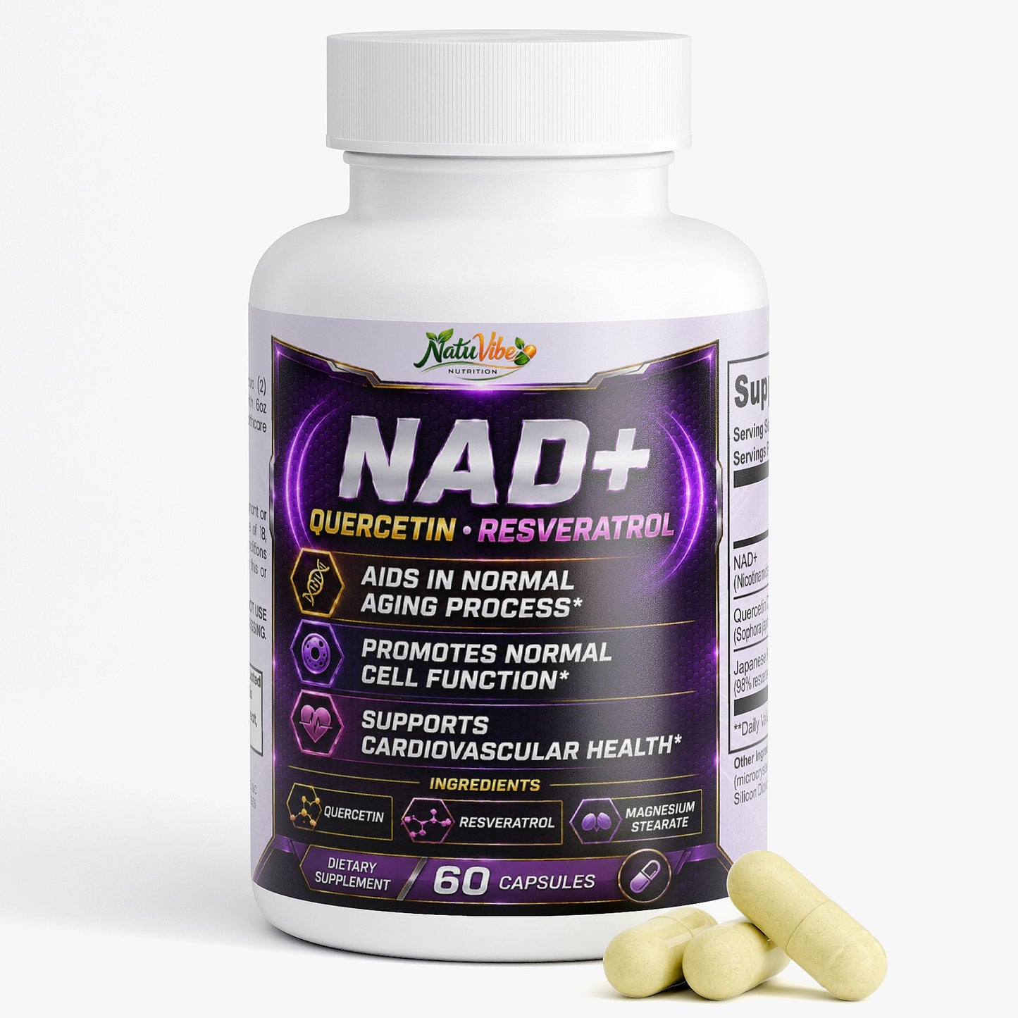 NAD+ Anti-Aging & Brain Support Supplement with Quercetin & Resveratrol – 60 Caps