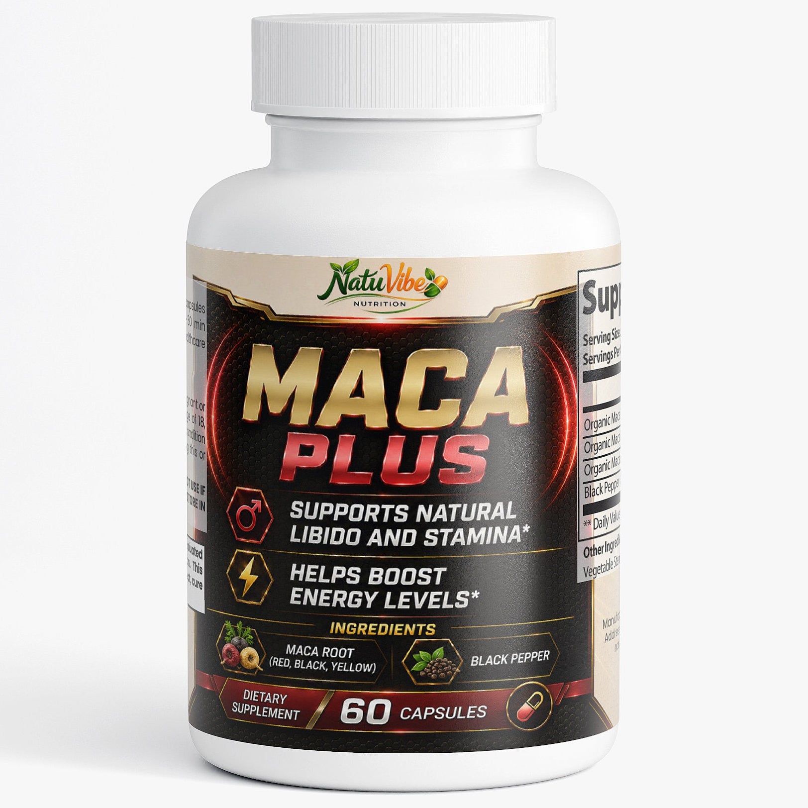 Maca Plus supplement bottle with label on a white background