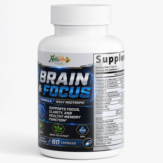 Supplement bottle labeled 'Brain & Focus' on a white background