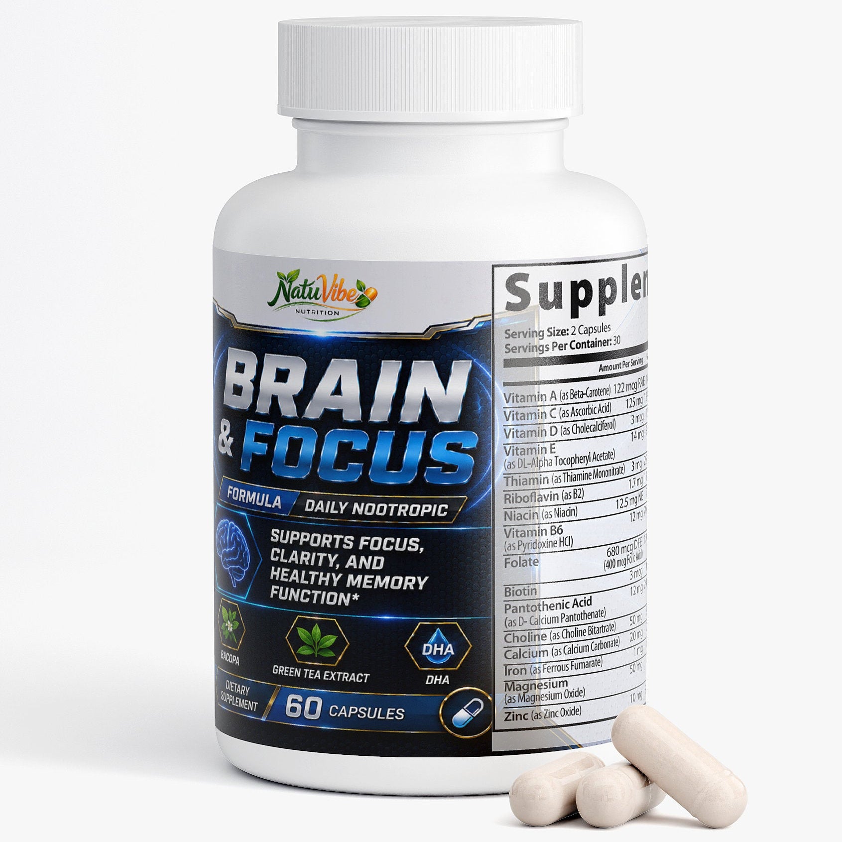 Brain and focus supplement bottle with pills on a white background