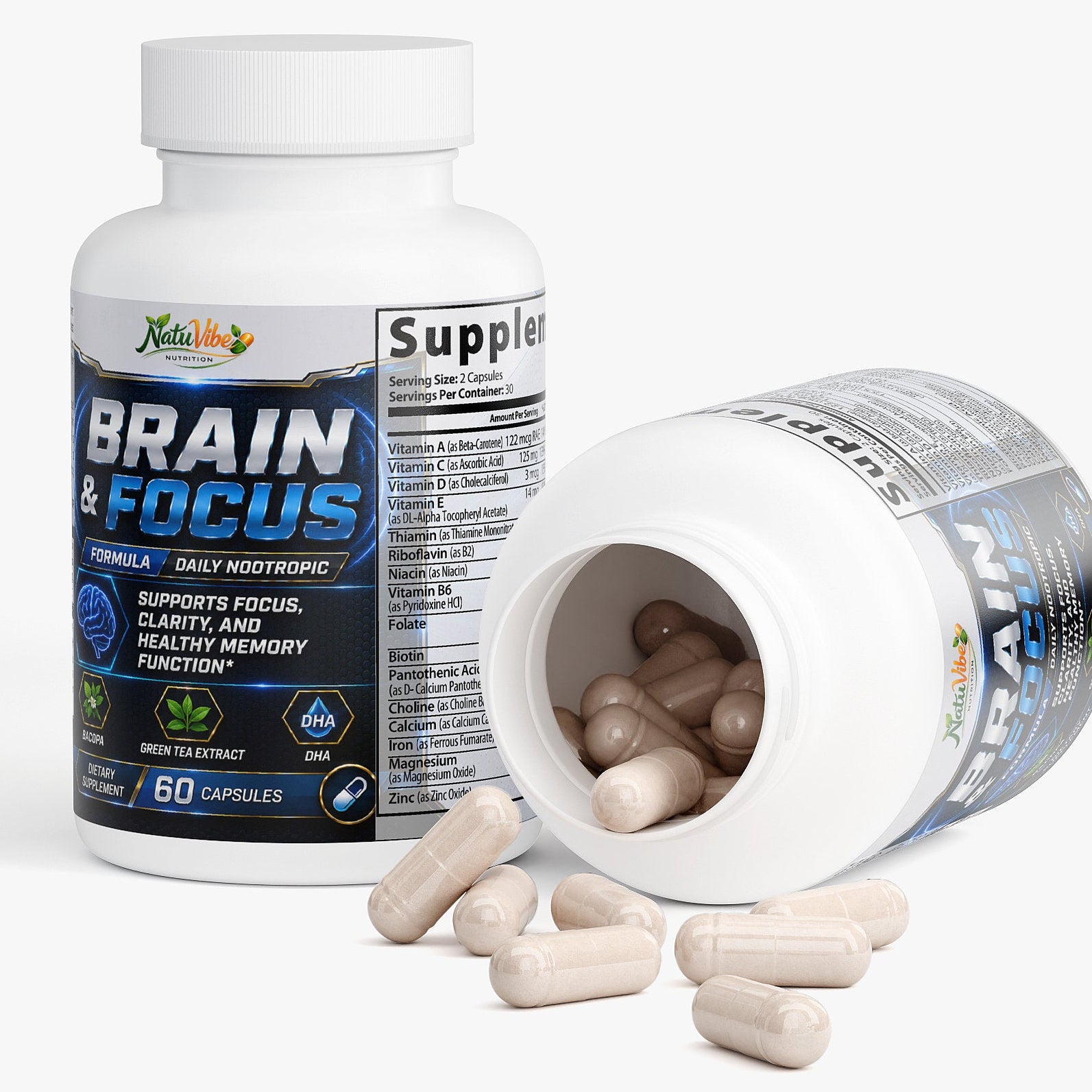 Brain and focus supplement bottle with open cap showing capsules on a white background