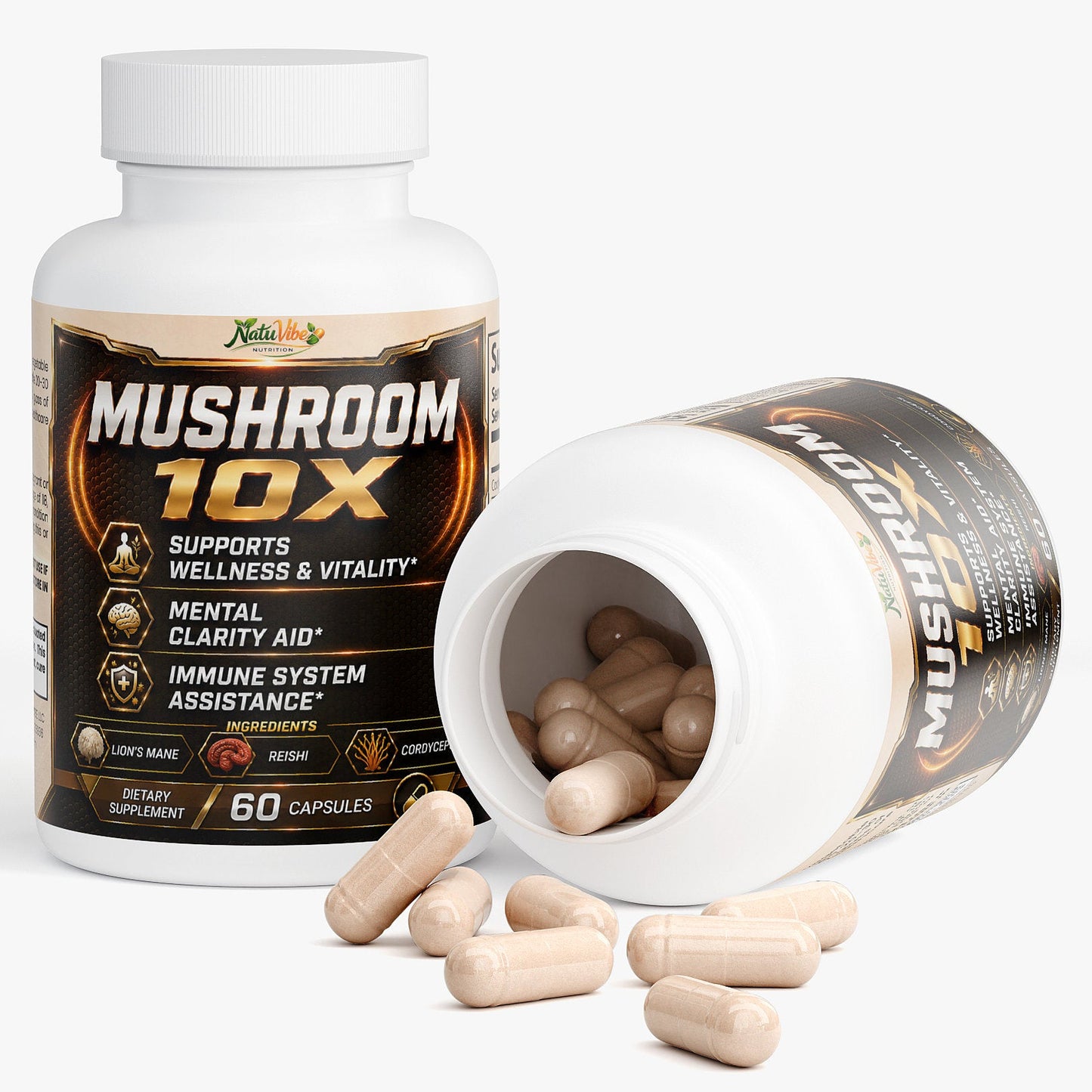 Mushroom 10X – 10 Mushroom Complex for Wellness, Mental Clarity & Immune Support | Lion’s Mane, Reishi & Cordyceps | 60 Caps