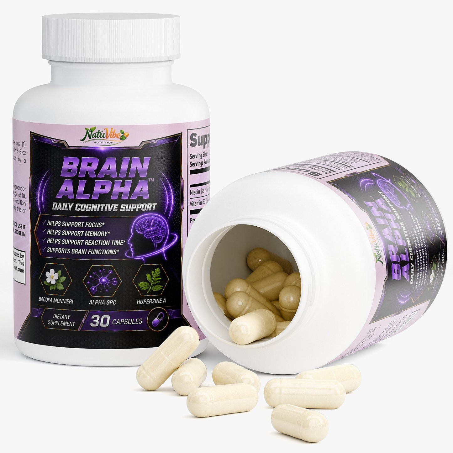 Brain Alpha™ – Daily Cognitive Support | Focus, Memory & Reaction Time | Bacopa, Alpha GPC & Huperzine A | 30 Caps